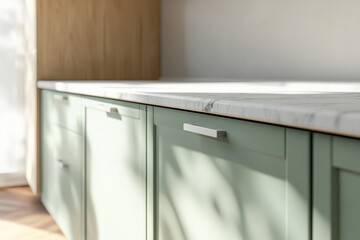 A kitchen counter with a marble top and green cabinets. The cabinets have silver handles. The counter is clean and shiny