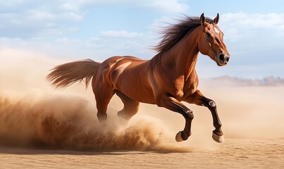 Majestic brown horse galloping with great speed and power across a vast, dusty desert landscape.