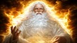 © Raul - A powerful depiction of a bearded man, with long white hair, in a white robe,  glowing with light, amidst fiery clouds.