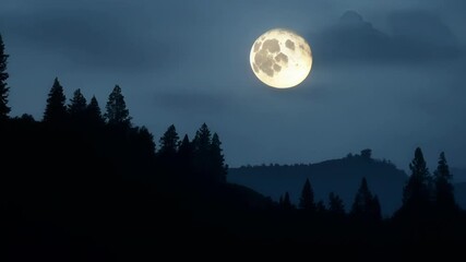 Wall Mural - Bright full moon moves up and down over a mountain surrounded by a forest, creating a surreal and artistic atmosphere filled with abstract beauty and enchanting light