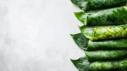 Banana leaves arranged neatly on a white background, ideal for wrapping desserts and savory dishes in culinary presentations