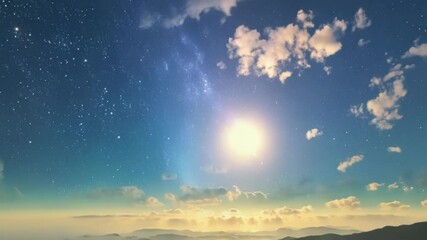 Wall Mural - surreal cloudscape forming over mountain peaks with the milky way and sun rising, creating a breatht