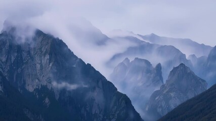 Wall Mural - majestic mountain peaks rise beneath slowly flowing clouds, transforming into surreal shapes. this c