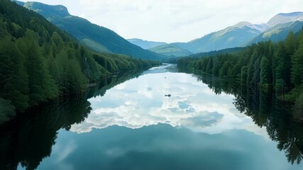 Wall Mural - pristine river mirrors a dramatic cloudscape, creating a surreal and mesmerizing effect. the tranqui