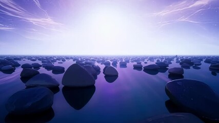 Wall Mural - Surreal landscape showcases a purple sky reflecting on calm water, framed by rocks. The tranquil scene evokes feelings of peace and spirituality, creating a dreamlike atmosphere
