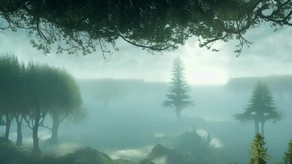 Wall Mural - Surreal landscape with lush vegetation and a solitary tree flipping upside down, revealing a mysterious and misty forest
