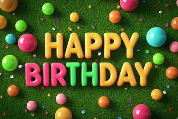 Colorful birthday greeting with cheerful decorations on green grass background.