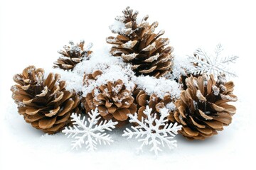 Snow-covered pinecones and delicate snowflakes create a serene winter landscape on a crisp white background