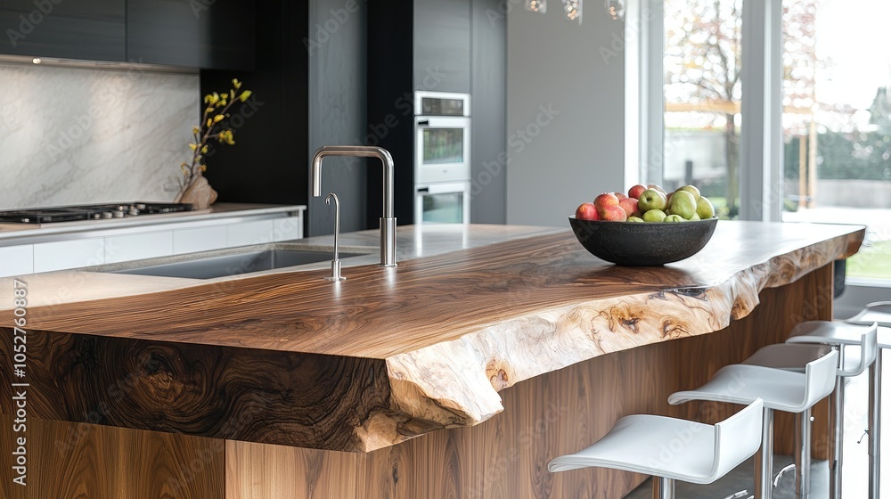 Modern kitchen island with live edge countertop and fruit bowl. Stock ...