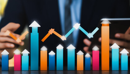 Business person evaluates metrics for charts and graphs with statistics to innovative analyze business potential and forecast future development of companies growth., setting goals for expansion.