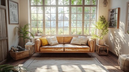 Hyperrealistic photo of a cozy living room with a vintage leather sofa, rustic decor, and large windows bringing in natural light. Styled for a high-end lifestyle magazine, the bright, inviting space