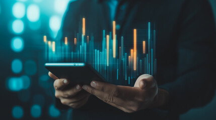 Business person evaluates metrics for charts and graphs with statistics to innovative analyze business potential and forecast future development of companies growth., setting goals for expansion.