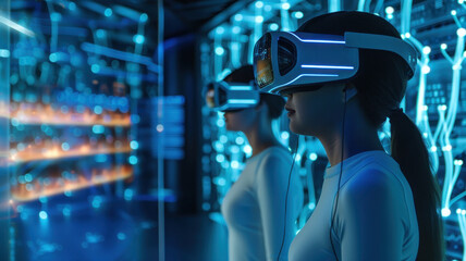 Immersed in futuristic environment, two women experience virtual reality through advanced headsets, surrounded by glowing blue lights and digital interfaces