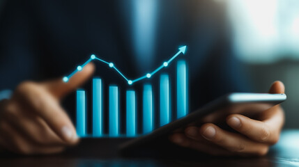  Business person evaluates metrics for charts and graphs with statistics to innovative analyze business potential and forecast future development of companies growth., setting goals for expansion.