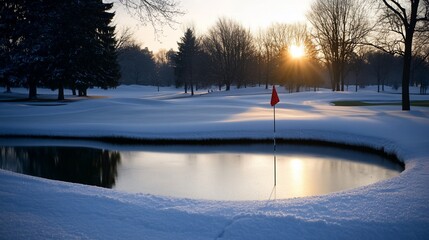 Poster - A snow-covered golf course with a pond in the foreground and a red flag on the green. The sun is setting in the background.