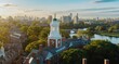 View from Harvard University campus over the Charles River at sunrise. Cambridge, Massachusetts, United States.