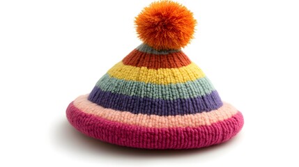 Colorful party hat with stripes and a fluffy pompon, isolated on white, highlighting the fun and festive energy of celebrations and parties