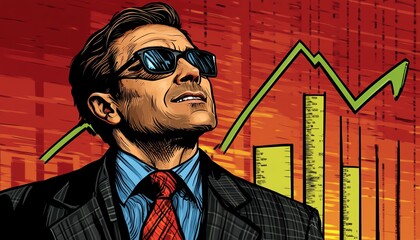 Highresolution rendering of a businessman studying a financial chart featuring a rising arrow, capturing the essence of business achievement and growth potential