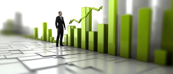 Vibrant 3D depiction of a man analyzing a rising graph with green bars and an arrow, highlighting the significance of business growth against a smooth blurred background