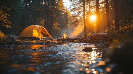 Poster - A bright orange tent is pitched near a clear stream, where a campfire crackles. The sun sets behind the trees, casting a warm glow over the campsite and creating a tranquil atmosphere in nature.