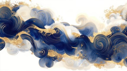 Elegant Chinese abstract with swirling gold cloud patterns on deep blue, capturing cultural richness, isolated on white