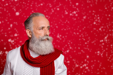 Wall Mural - Close up profile side photo of gorgeous elderly man looking wearing white pullover isolated over red background