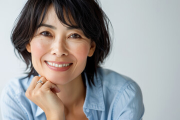 Wall Mural - soft features long hair, smiles gently woman while wearing blue shirt against simple plain background. Her relaxed posture calm expression convey sense of ease natural beauty.