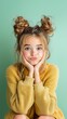 © Cary - closeup young girl bun head pose gesture furry face video illustration pout session longer blond hair kid emote yellow clothes inspiring cute