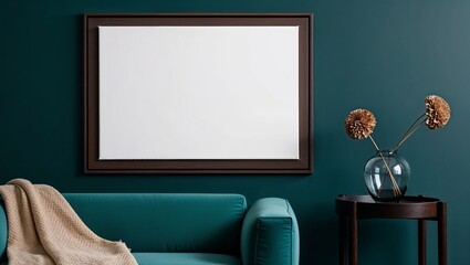 minimalist interior design photograph featuring a framed blank canvas with a dark brown border, centrally positioned on a deep teal wall.