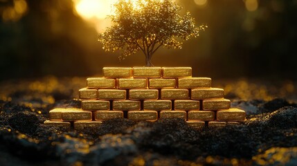 Gold bars (financial growth) neatly stacked with a tree sprouting from the top 