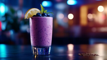 Wall Mural - A refreshing blueberry smoothie garnished with a lemon slice and mint leaves on a bar counter.