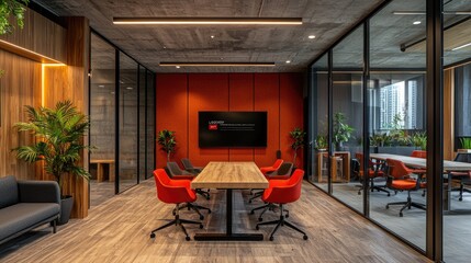 Modern meeting room with red chairs, wood table, and a tv screen.