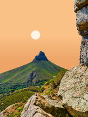 Poster - Vertical shot of Lion's Head Mountain from Kloof Corner peak, Table Mountain, rugged stones