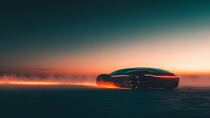 A sleek, futuristic car races at sunset on an open road, leaving glowing trails of light behind in the fading daylight