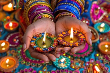 A woman holds two lit candles in her hands, surrounded by colorful decorations