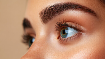 Detailed side profile close-up of blue eyes with long lashes and thick eyebrows, showcasing natural beauty and well-groomed features.
