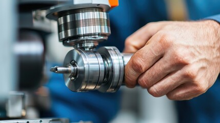 Close-up of a skilled worker's hand adjusting machinery in a modern industrial setting.