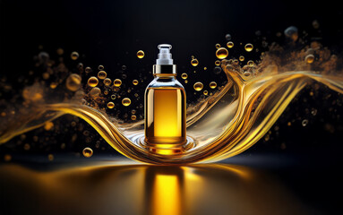 Leinwandbilder - A glass bottle of golden liquid sits on a wave of the same liquid against a black background.