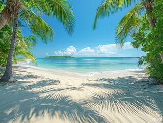 A serene beach scene with palm trees and calm waters under a clear blue sky.