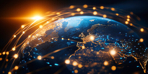 Wall Mural - global network on digital earth globe, world finance connectivity, business trading, telecommunicati