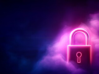 Glowing neon padlock on dark background, illustrating security.