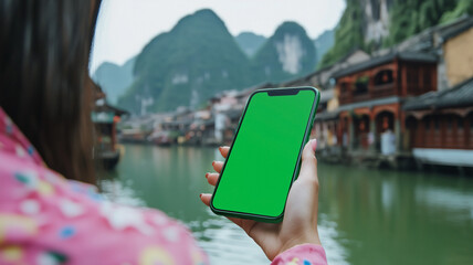 Smartphone held in woman's hand with a Southeast Asian city canal in the background during the day. The smart phone screen is a chroma key green screen.