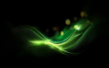 Leinwandbilder - Abstract glowing green waves with blurred lights on a black background.