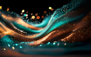 Poster - Abstract digital art with shimmering turquoise and orange particles forming undulating waves against a black background with blurred lights.