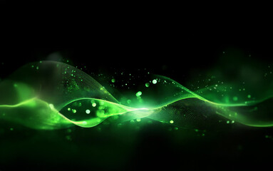 Poster - Abstract green waves with white lights on a black background.