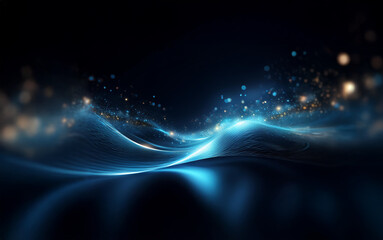 Aufkleber - Abstract glowing blue waves with scattered light on a black background.