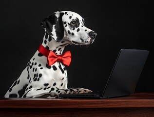 Dog manager working on the computer with adorable dalmatian. Isolated on black background