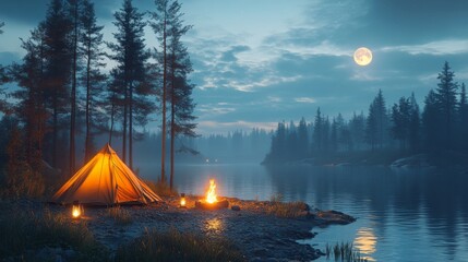 Aufkleber - A cozy campsite features a glowing tent and a warm campfire beside a calm lake. The full moon reflects on the water among towering trees, creating a peaceful night atmosphere.