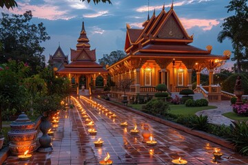 A beautiful temple with a red roof lit up with candles