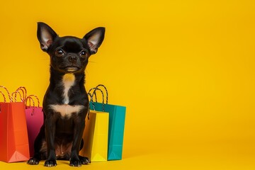 Concept illustration created using Stock technology of a cute fluffy puppy cat dog rabbit shopping for bargains on Black Friday